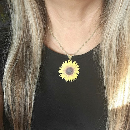 Stunning Sunflower Necklace on Natural Wood, Bright & Positive Floral Pendant for All Occasions, Artistic Hand-Painted Lifelike Jewelry