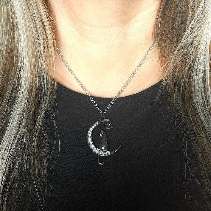 Mystical Cat & Moon Necklace, Feline Elegance on a Shimmering Crescent Pendant