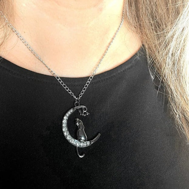 Mystical Cat & Moon Necklace, Feline Elegance on a Shimmering Crescent Pendant