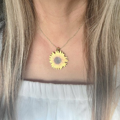 Stunning Sunflower Necklace on Natural Wood, Bright & Positive Floral Pendant for All Occasions, Artistic Hand-Painted Lifelike Jewelry