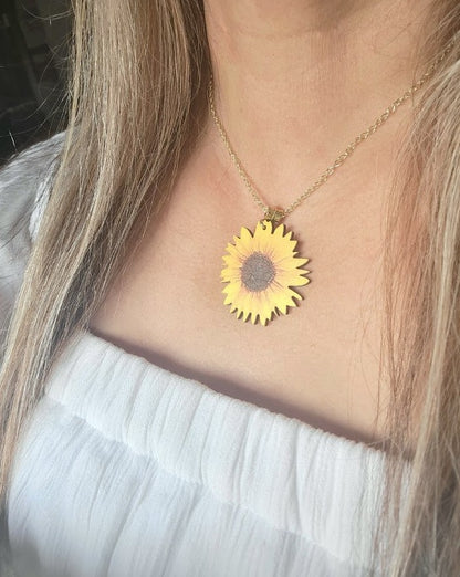 Stunning Sunflower Necklace on Natural Wood, Bright & Positive Floral Pendant for All Occasions, Artistic Hand-Painted Lifelike Jewelry