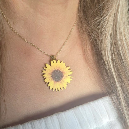 Stunning Sunflower Necklace on Natural Wood, Bright & Positive Floral Pendant for All Occasions, Artistic Hand-Painted Lifelike Jewelry