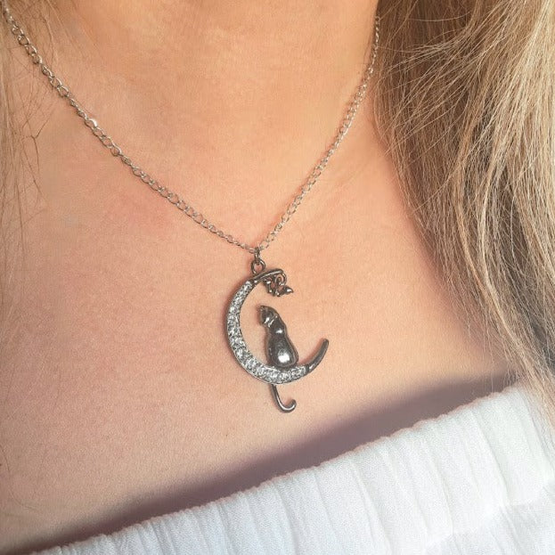 Mystical Cat & Moon Necklace, Feline Elegance on a Shimmering Crescent Pendant