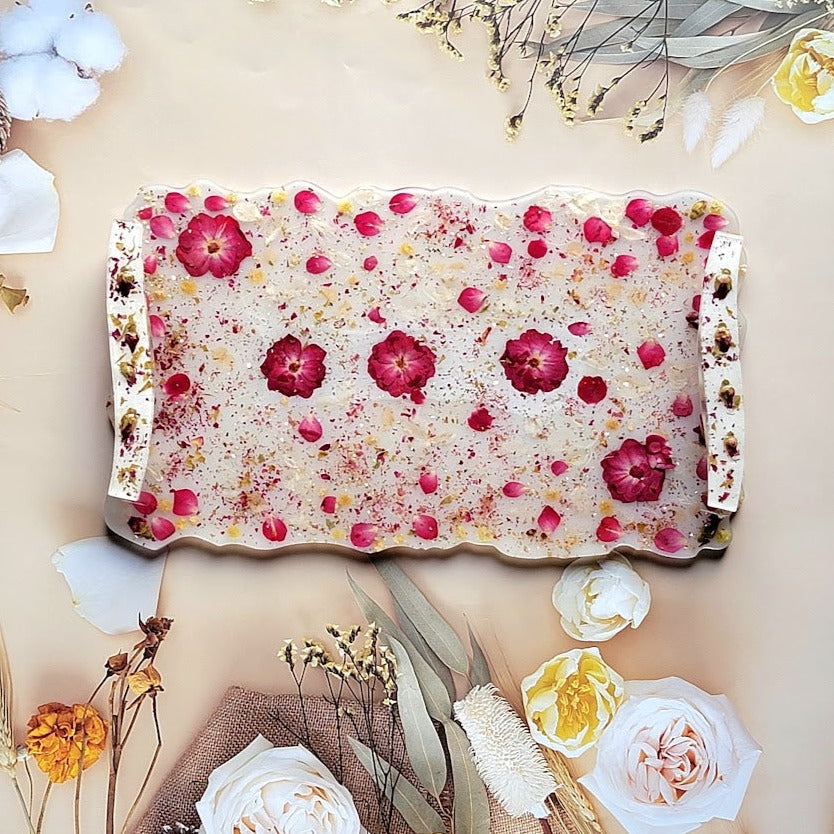 Real Red Rose Blooms & Petal Decorative Tray, Elegant Charcuterie Board for Social Gathering, Unique Vanity Dresser Tray, Perfume Display