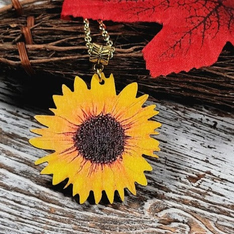 Stunning Sunflower Necklace on Natural Wood, Bright & Positive Floral Pendant for All Occasions, Artistic Hand-Painted Lifelike Jewelry