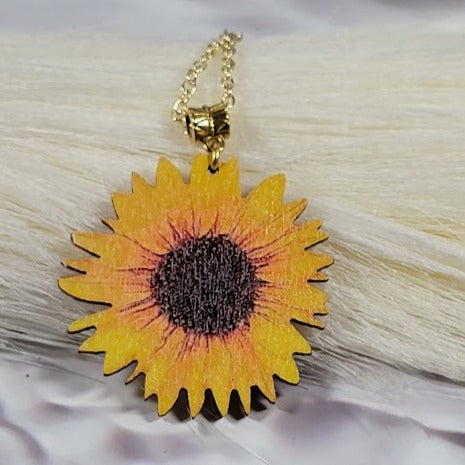 Stunning Sunflower Necklace on Natural Wood, Bright & Positive Floral Pendant for All Occasions, Artistic Hand-Painted Lifelike Jewelry