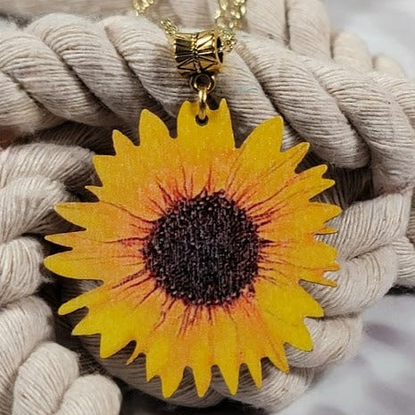 Stunning Sunflower Necklace on Natural Wood, Bright & Positive Floral Pendant for All Occasions, Artistic Hand-Painted Lifelike Jewelry