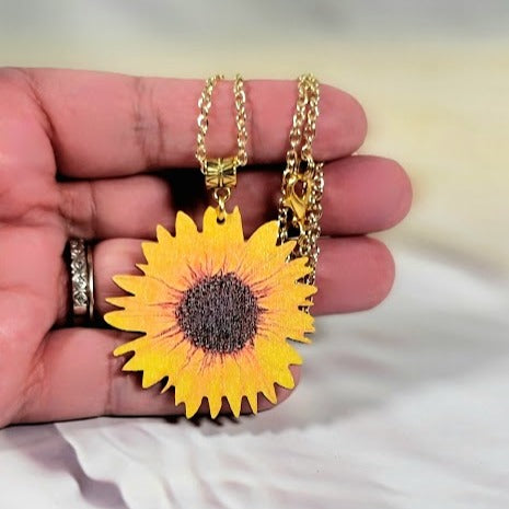 Stunning Sunflower Necklace on Natural Wood, Bright & Positive Floral Pendant for All Occasions, Artistic Hand-Painted Lifelike Jewelry