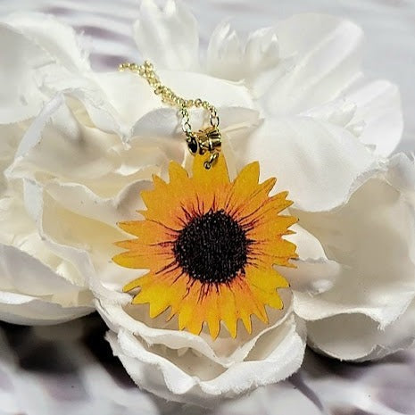 Stunning Sunflower Necklace on Natural Wood, Bright & Positive Floral Pendant for All Occasions, Artistic Hand-Painted Lifelike Jewelry