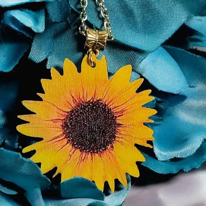 Stunning Sunflower Necklace on Natural Wood, Bright & Positive Floral Pendant for All Occasions, Artistic Hand-Painted Lifelike Jewelry