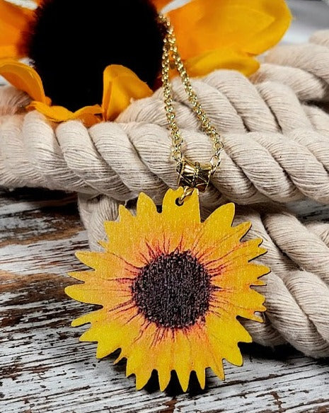 Stunning Sunflower Necklace on Natural Wood, Bright & Positive Floral Pendant for All Occasions, Artistic Hand-Painted Lifelike Jewelry