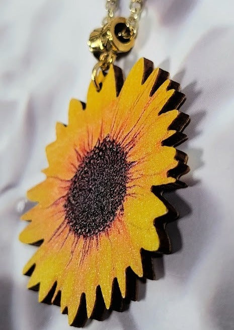 Stunning Sunflower Necklace on Natural Wood, Bright & Positive Floral Pendant for All Occasions, Artistic Hand-Painted Lifelike Jewelry