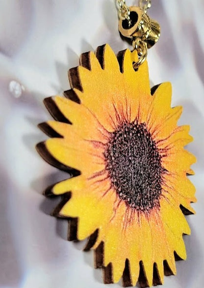 Stunning Sunflower Necklace on Natural Wood, Bright & Positive Floral Pendant for All Occasions, Artistic Hand-Painted Lifelike Jewelry