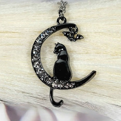 Mystical Cat & Moon Necklace, Feline Elegance on a Shimmering Crescent Pendant