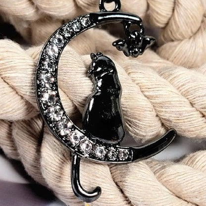 Mystical Cat & Moon Necklace, Feline Elegance on a Shimmering Crescent Pendant