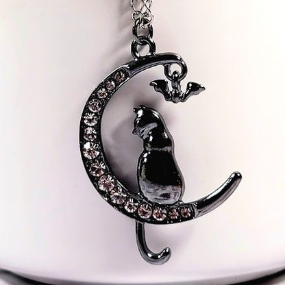 Mystical Cat & Moon Necklace, Feline Elegance on a Shimmering Crescent Pendant