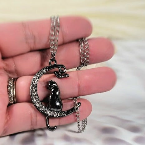 Mystical Cat & Moon Necklace, Feline Elegance on a Shimmering Crescent Pendant