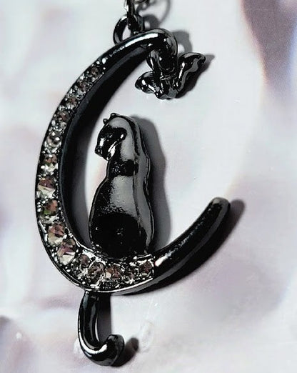 Mystical Cat & Moon Necklace, Feline Elegance on a Shimmering Crescent Pendant