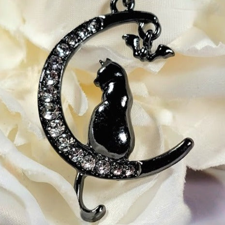 Mystical Cat & Moon Necklace, Feline Elegance on a Shimmering Crescent Pendant