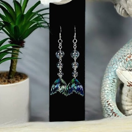 Pendientes de gota larga de cola de sirena fascinantes iridiscentes, elegantes joyas inspiradas en el mar, elegancia del océano, diseño submarino encantado, fantasía