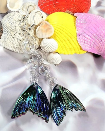 Iridescent Mesmerizing Mermaid Tail Long-Drop Earrings, Elegant Beach-Inspired Jewelry, Ocean Elegance, Enchanted Underwater Design