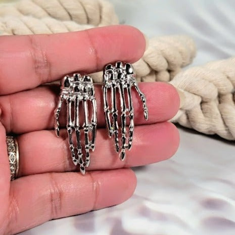 Spooky Chic Skeleton Hand Stud Earring, Elegant Halloween Accessory, Mystical Elegant Dangle for Costume Parties, Eerie Grace in Every Moment