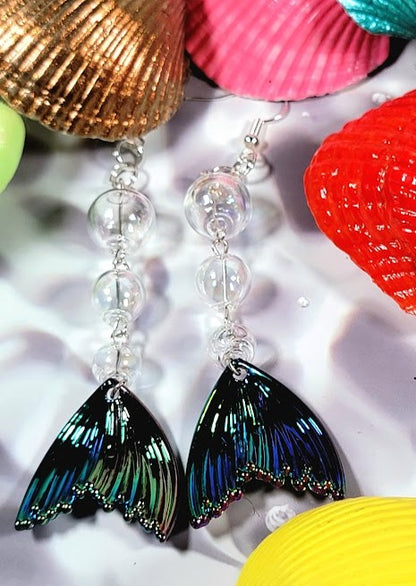 Iridescent Mesmerizing Mermaid Tail Long-Drop Earrings, Elegant Beach-Inspired Jewelry, Ocean Elegance, Enchanted Underwater Design