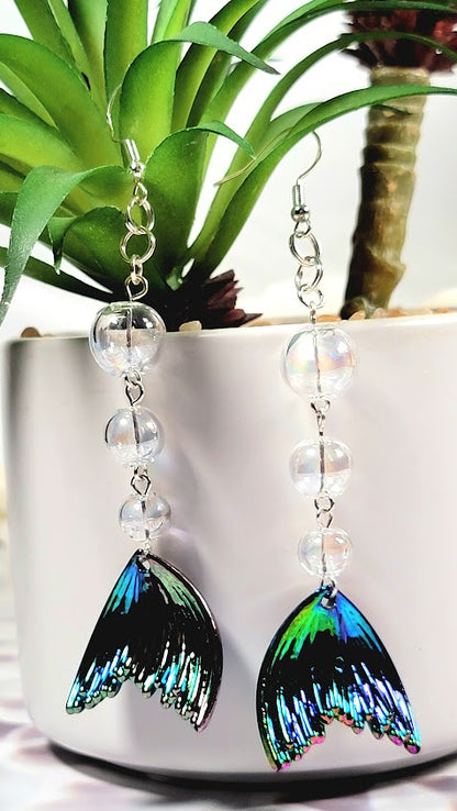 Iridescent Mesmerizing Mermaid Tail Long-Drop Earrings, Elegant Beach-Inspired Jewelry, Ocean Elegance, Enchanted Underwater Design