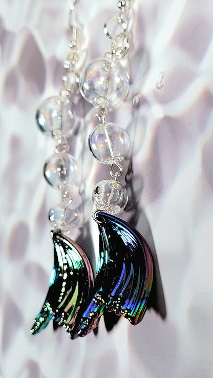 Pendientes de gota larga de cola de sirena fascinantes iridiscentes, elegantes joyas inspiradas en el mar, elegancia del océano, diseño submarino encantado, fantasía