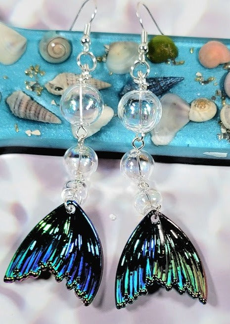 Iridescent Mesmerizing Mermaid Tail Long-Drop Earrings, Elegant Beach-Inspired Jewelry, Ocean Elegance, Enchanted Underwater Design