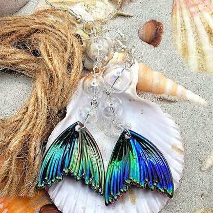 Iridescent Mesmerizing Mermaid Tail Long-Drop Earrings, Elegant Beach-Inspired Jewelry, Ocean Elegance, Enchanted Underwater Design