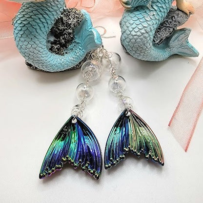 Iridescent Mesmerizing Mermaid Tail Long-Drop Earrings, Elegant Beach-Inspired Jewelry, Ocean Elegance, Enchanted Underwater Design