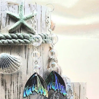 Iridescent Mesmerizing Mermaid Tail Long-Drop Earrings, Elegant Beach-Inspired Jewelry, Ocean Elegance, Enchanted Underwater Design