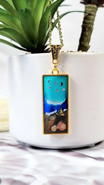 Coastal Journey Resin Necklace, Romantic Beach Night Jewelry