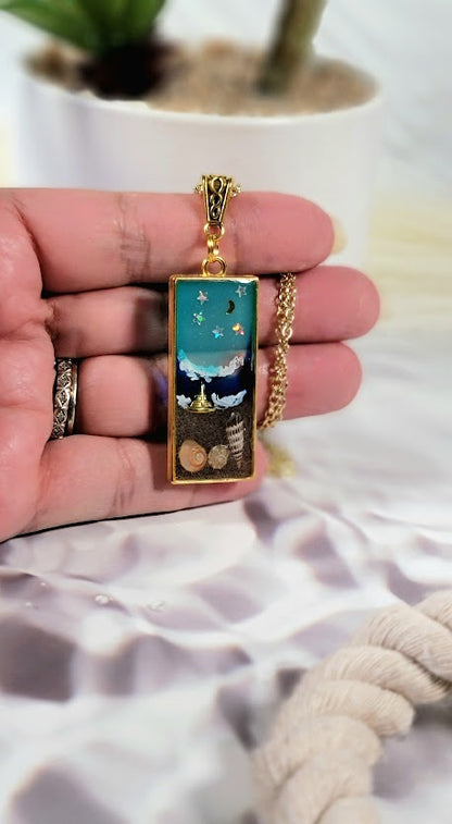 Coastal Journey Resin Necklace, Romantic Beach Night Jewelry