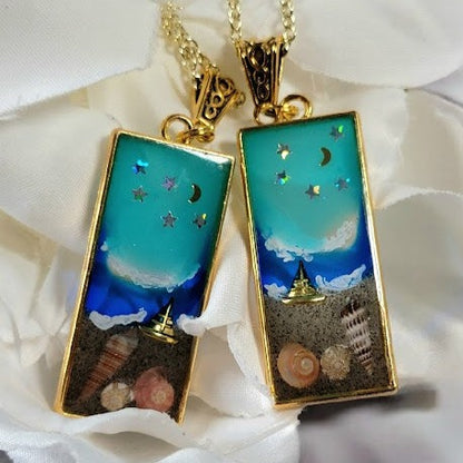 Coastal Journey Resin Necklace, Romantic Beach Night Jewelry