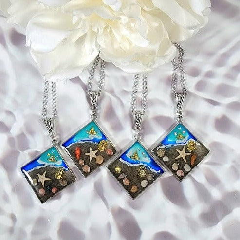 Timeless Coastal Necklace, Beach Pendant w/ Real Seashells, Handcrafted Ocean Keepsake Jewelry, Preserved Beachscape Design