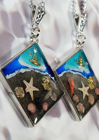 Timeless Coastal Necklace, Beach Pendant w/ Real Seashells, Handcrafted Ocean Keepsake Jewelry, Preserved Beachscape Design