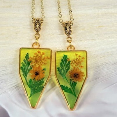 Naturally Pressed Yellow and Green Flower Necklace, Handmade Botanical Pendants, Miniature Floral  Arrangement Jewelry