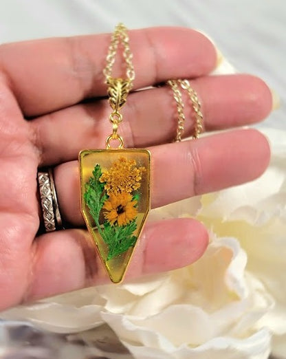 Naturally Pressed Yellow and Green Flower Necklace, Handmade Botanical Pendants, Miniature Floral  Arrangement Jewelry