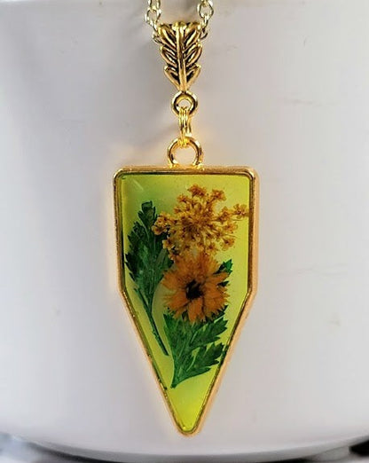 Naturally Pressed Yellow and Green Flower Necklace, Handmade Botanical Pendants, Miniature Floral  Arrangement Jewelry