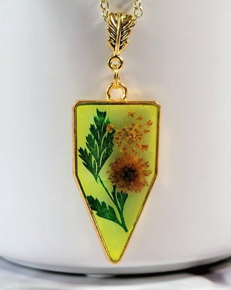 Naturally Pressed Yellow and Green Flower Necklace, Handmade Botanical Pendants, Miniature Floral  Arrangement Jewelry