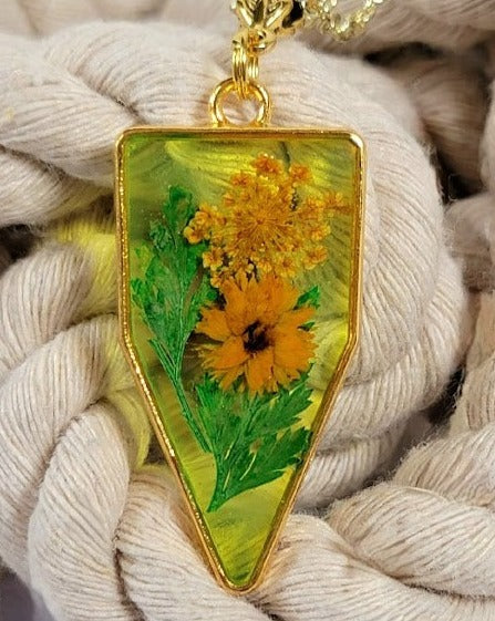 Naturally Pressed Yellow and Green Flower Necklace, Handmade Botanical Pendants, Miniature Floral  Arrangement Jewelry