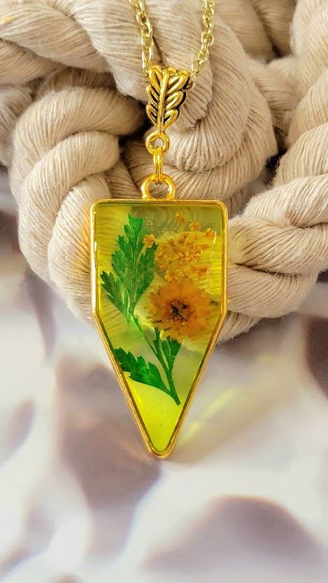 Naturally Pressed Yellow and Green Flower Necklace, Handmade Botanical Pendants, Miniature Floral  Arrangement Jewelry