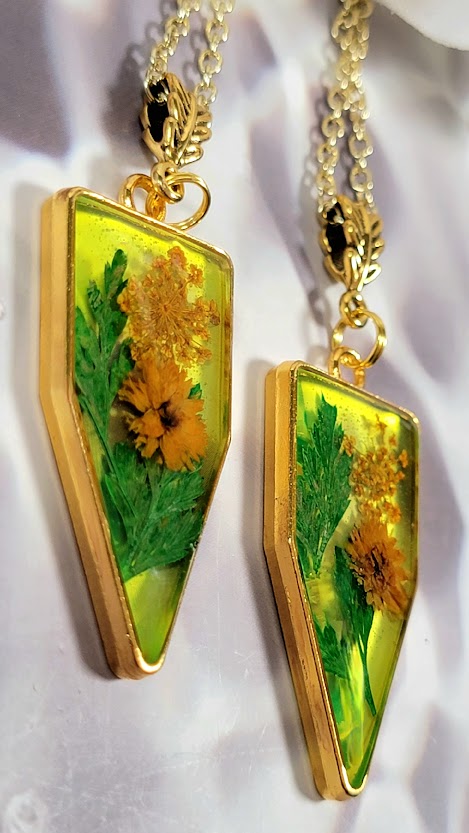 Naturally Pressed Yellow and Green Flower Necklace, Handmade Botanical Pendants, Miniature Floral  Arrangement Jewelry