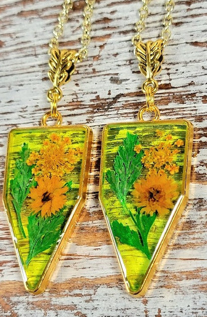 Naturally Pressed Yellow and Green Flower Necklace, Handmade Botanical Pendants, Miniature Floral  Arrangement Jewelry