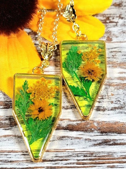 Naturally Pressed Yellow and Green Flower Necklace, Handmade Botanical Pendants, Miniature Floral  Arrangement Jewelry