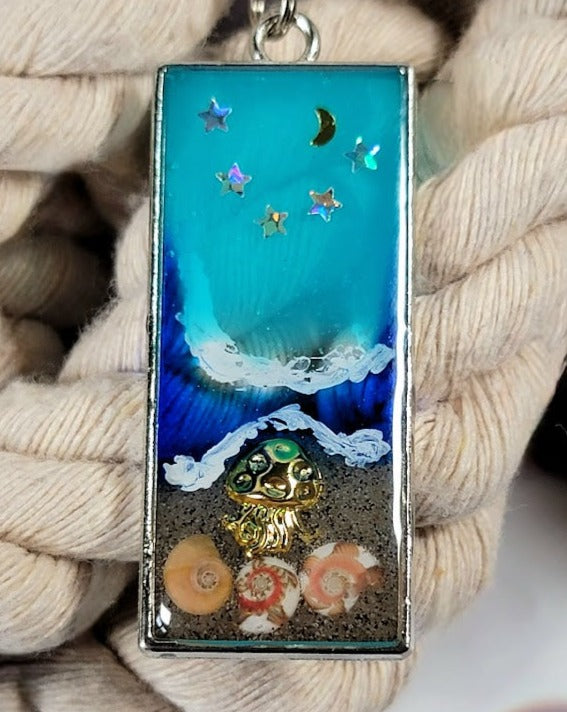 Tranquil Coastal Night Necklace, Beach Lover's Accessory, Handmade Beachscape Pendant, Authentic Sea Shells in Resin Jewelry