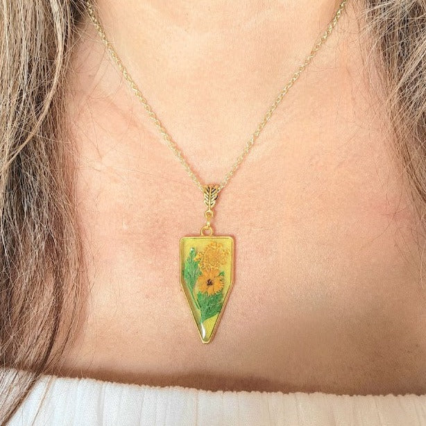 Naturally Pressed Yellow and Green Flower Necklace, Handmade Botanical Pendants, Miniature Floral  Arrangement Jewelry