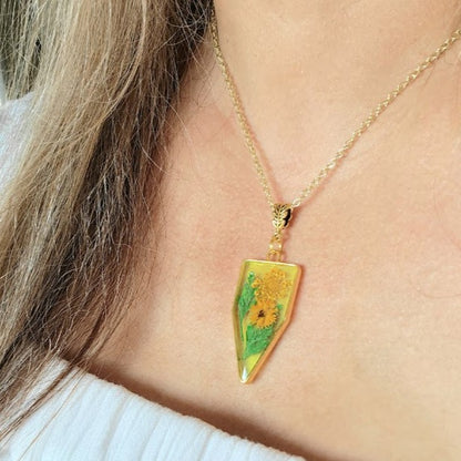 Naturally Pressed Yellow and Green Flower Necklace, Handmade Botanical Pendants, Miniature Floral  Arrangement Jewelry